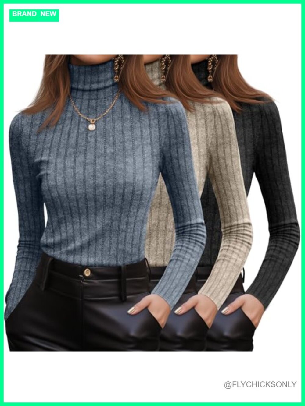 Women's Turtleneck Long Sleeve Tops Ribbed Knit 3 Pack Pullover Sweaters